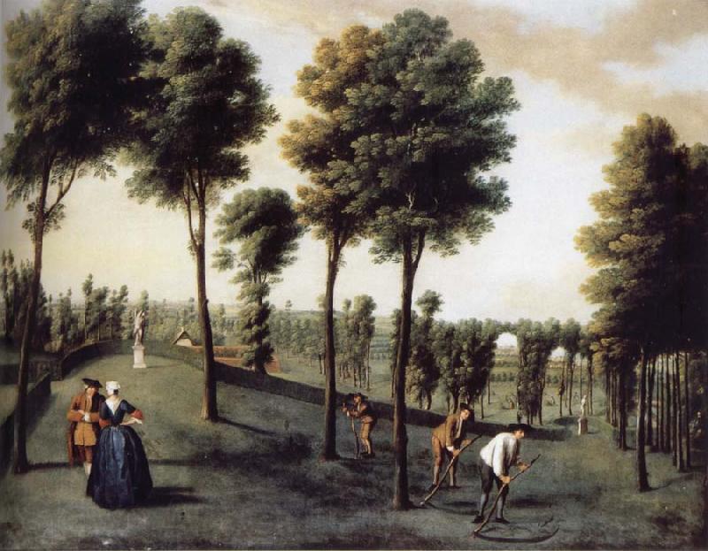 unknow artist Hartwell House,North west area of the gardens with two bastions and men Scything Norge oil painting art